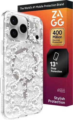 Milan Snap Case for iPhone 17 Pro Max - White Boho Blossom Graphene Strengthened Phone Case with Drop Protection (13ft/4m) Textured Edges & Sparkle Design MagSafe Charging Compatible