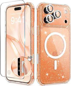 for iPhone 17 Pro Max Case for Women Compatible with MagSafe Clear Glitter Shockproof Protective Case Anti-Yellowing with Screen Protector & 3 Diamond Camera Lens Covers 6.9 Sparkle Clear