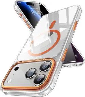for iPhone 17 Pro Max Case Clear Orange - Aluminum Camera Frame Magnetic 17 Pro Max Case Fit for Mag Safe Camera Control Transparent Military Shockproof Phone Cover for iPhone 17 Pro Max