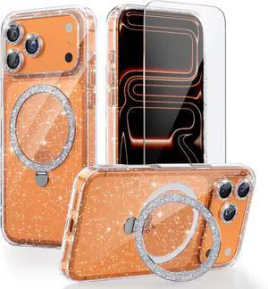 Compatible with iPhone 17 Pro Max Magnetic Case with Stand Clear Glitter Military-Grade Ring Kickstand [1x Screen Protector] [1x Camera Lens Protectors] Cover Case for Women Girls-Clear