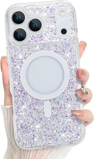 for iPhone 17 Pro Max Case 2025 Sparkly Glitter Bling Back Magnetic Support for MagSafe Shockproof Crystal and Clear High-Duty Protection for Girls Women -Glitter Crystal