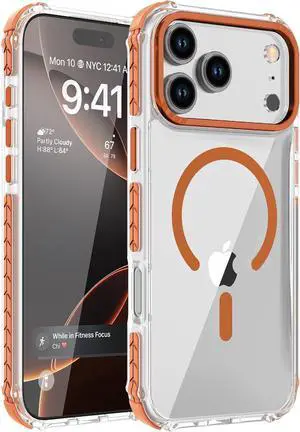 Strong Magnetic Case for iPhone 17 Pro Max 6.9-Inch [Compatible with Magsafe] Clear Slim Shockproof Protective Phone Cover for Women Men-Transparent+Orange