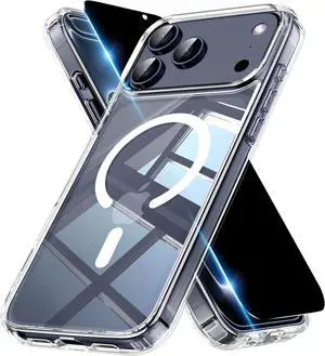 Magnetic for iPhone 17 Pro Max Clear Case with Privacy Screen Protector [Non-Yellowing] Shockproof Slim Cover Compatible with MagSafe Magnetic for iPhone 17 ProMax 6.9 5G Cover-Transparent