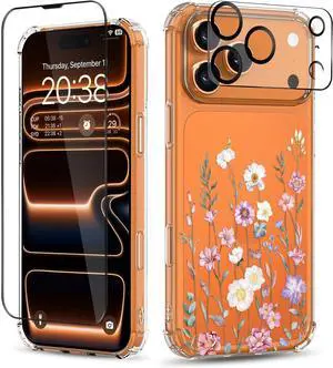 for iPhone 17 Pro Max Case [3 in 1] with Screen Protector & Camera Lens Protector Flower Pattern Design Clear Soft Shockproof Floral Phone Cover for Women Girls 2025 6.9(Blooming Flowerets)