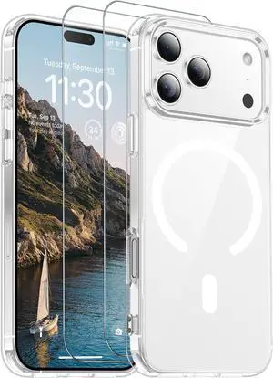 Magnetic for iPhone 17 Pro Max Case Crystal Clear with 2PCS Tempered Glass Screen Protector Anti-Scratch Anti-Fingeprint Slim Phone Case Clear