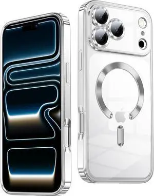 Slim Thin for iPhone 17 Pro Max Case Clear Compatible with MagSafe Built-in Camera Lens Protector Non Yellowing Shockproof Protective Phone Case Soft Electroplated Magnetic Cover Sliver