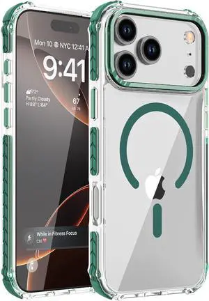 Strong Magnetic Case for iPhone 17 Pro Max 6.9-Inch [Compatible with Magsafe] Clear Slim Shockproof Protective Phone Cover for Women Men-Transparent+Green