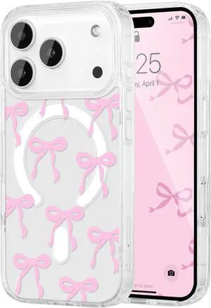 Magnetic for iPhone 17 Pro Max Case Bow Case Compatible with MagSafe Wireless Slim Clear Ribbon Aesthetic Phone Cover Anti-Yellowing Shockproof Protective Cover for Women Girl - Pink