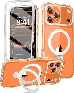 Compatible with iPhone 17 Pro Max Case Built-in Screen Protector & Seamless Stand with Camera Lens Protector Strong Magnetic Clear Phone Case Full Body Protective Cover for 6.9 (Clear)