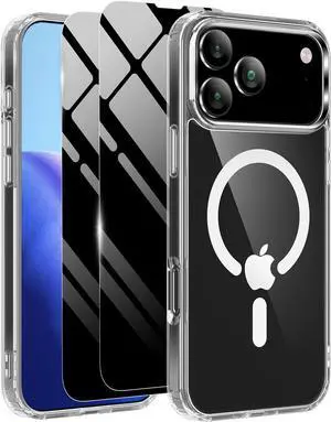 Magnetic Case for iPhone 17 Pro Max with 2 Privacy Screen Protector [Compatible with MagSafe] Non-Yellowing Shockproof Protective Phone Case for iPhone 17 ProMax Transparent