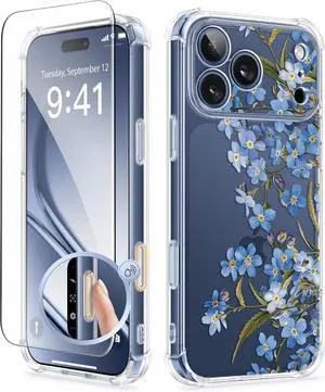 for iPhone 17 Pro Max Case [Upgraded Full Camera Protection][Not Yellowing][Screen Protector] Shockproof Protective Clear Floral Phone Case for iPhone 17 Pro Max 6.9 (Aconite/Blue)