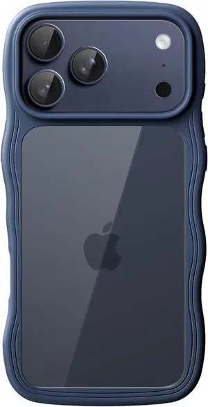 Wavy Case for iPhone 17 Pro Max 6.9-Inch Cute Wave Frame Curly Shape Shockproof Phone Cover for Women and Girls Clear Hard PC Back (Dark Blue)