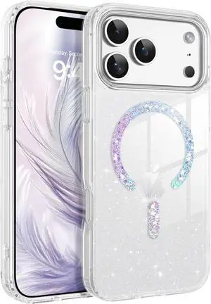 Magnetic for iPhone 17 Pro Max Case Clear Crystal Glitter Bling 17 Pro Max Phone Case [Compatible with MagSafe] Shockproof Sparkly Cute Women Girl Cover for iPhone 17 Pro Max Clear Glitter