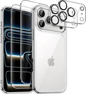 5 in 1 Case for iPhone 17 Pro Max 6.9-Inch with 2 Pack Each Tempered Glass Screen Protectors and Camera Lens Protectors Non-Yellowing Shockproof Bumper Phone Cover (Clear)