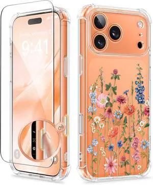for iPhone 17 Pro Max Case [Upgraded Full Camera Protection][Not Yellowing][Screen Protector] Shockproof Protective Clear Floral Phone Case for iPhone 17 Pro Max 6.9 (Wild Petals/Colorful)