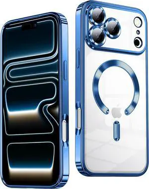 Slim Thin for iPhone 17 Pro Max Case Clear Compatible with MagSafe Built-in Camera Lens Protector Shockproof Protective Phone Case Soft Electroplated Magnetic Cover Deep Blue