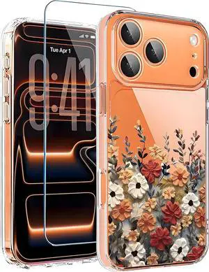 for iPhone 17 Pro Max Case Clear Cute Flowers Floral for iphone 17 pro max cases with Screen Protector [Camera Protection]Slim Shockproof Phone Case for 17 ProMax case girly Women Flower Design-1