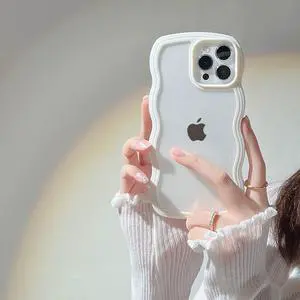 Compatible for iPhone 17 Pro Max Case Clear Cute Curly Wave Wavy Frame Shape for iPhone 17 Pro Max Phone Cases Shockproof Slim Protective Phone Cover for Women Girls Clear Design White