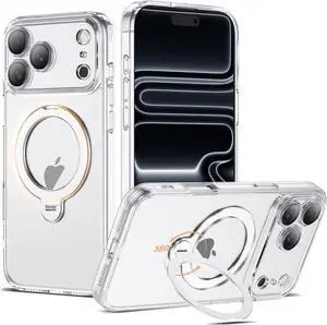 Compatible with iPhone 17 Pro Case with 360° Spin Magnetic Ring Stand [Compatible with Mag-Safe] Full Camera Lens Protector Plating Clear Phone Case for iPhone 17 Pro 6.3 Clear