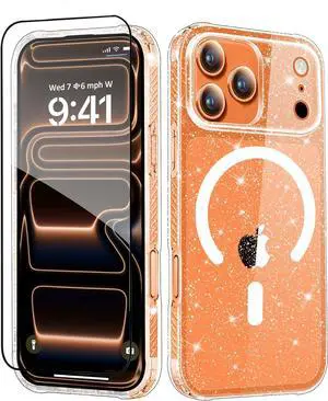 Compatible with iPhone 17 Pro Max Case + Screen Protector [Compatible with Magsafe] Anti-Yellowing Clear Glitter Women Girl Cute Phone Case Protective Cover for 17 ProMax 6.9 - Sparkle Clear