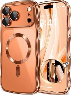 for iPhone 17 Pro Max Case [Compatible with MagSafe][Upgraded Full Camera Protection][Cute Wave Frame] Plating Slim Shockproof Protective Magnetic Phone Case for 17 Pro Max 6.9 Clear/Orange