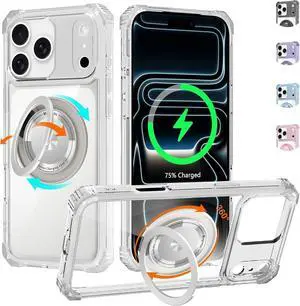 Clear Case for iPhone 17 Pro Max Case with Stand [ Compatible with MagSafe ] Military Grade Heavy Duty Cover with Magnetic 360 Rotatable Ring Kickstand for Women Men Transparent