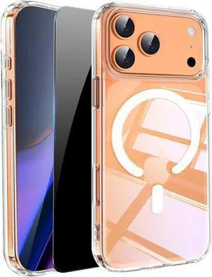 Clear Phone Case for iPhone 17 Pro Max Case Magnetic with Privacy Screen Protector [Anti-Yellowing] Rugged Shockproof Protective Bumper Case 6.9 Transparent 2025