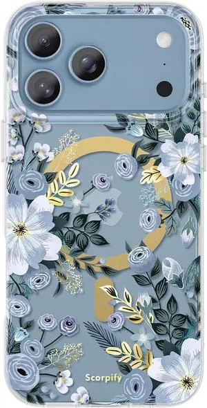 for iPhone 17 Pro Max Case [Compatible with MagSafe] with Blue Nemophila Floral Design Cute Clear Flower Magnetic Phone Cover for Women Girls [Non Yellowing] Slim Bumper with Gold Accents