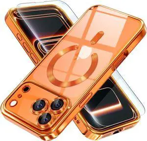 Magnetic for iPhone 17 Pro Max Case Compatible with MagSafe [Never Yellowing] [Military Grade Drop Protection] Full Camera Lens Protector Plating Soft Clear Phone Case for Women Orange