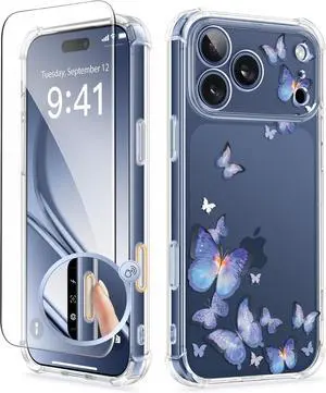 for iPhone 17 Pro Max Case [Upgraded Full Camera Protection][Not Yellowing][Screen Protector] Shockproof Protective Clear Floral Phone Case for iPhone 17 Pro Max 6.9 (Butterfly/Blue)