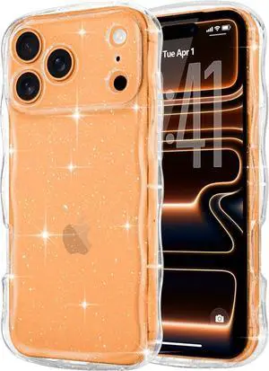 for iPhone 17 Pro Max Case Clear Cute Sparkly Bling Glitter Curly Wave Frame Transparent Cover for Women Girls Men TPU Bumper Drop Protection Shockproof Phone Case for iPhone 17 Pro Max Clear