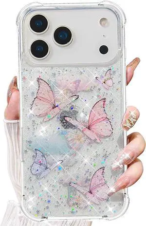 for iPhone 17 Pro Max Case Clear Cute Butterfly Flexible TPU Bling Stars Sparkle Glitter Anti-Scratch Shockproof Protective Phone Cover for Women Girls for iPhone 17 Pro Max 6.9 inch Pink
