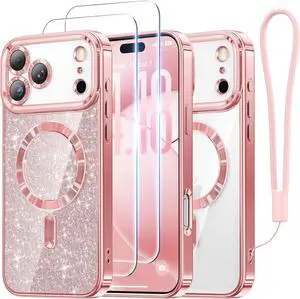Designed for iPhone 17 Pro Max Case 6.9 [Glitter Card & Wrist Strap] [Compatible with MagSafe] [2X HD Screen Protectors] Surround Raised Lens Protection for 17 ProMax Phone Case Rose Gold