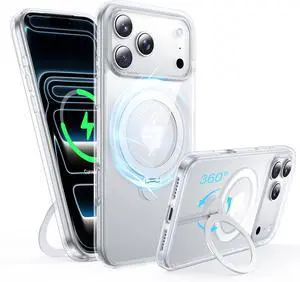360°Rotatable Magnetic Ring for iPhone 17 Pro Max Case with MagSafe[Non-Slip Texture Edge][Built-in Kickstand][Military Shockproof][Anti-Yellowing] Transparent Soft Silicone Bumper Slim Clear