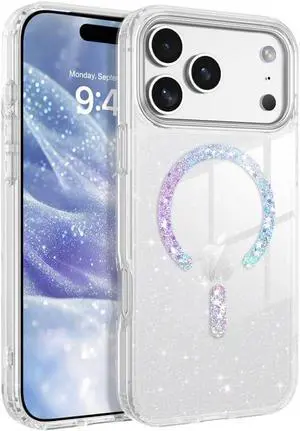 Magnetic for iPhone 17 Pro Max Case Clear Crystal Glitter Bling Phone Case [Compatible with MagSafe] Shockproof Sparkly Cute Women Girl Cover for iPhone 17 Pro Max 6.9inch 2025 NEW Clear Glitter