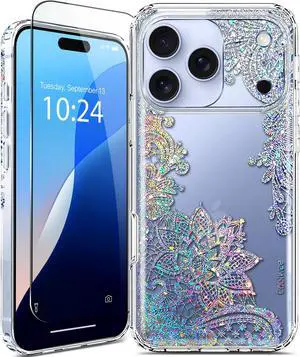 Clear Glitter for iPhone 17 Pro Max Case with Screen Protector Cute Cover for Girls Women Slim Shockproof 10FT Drop Protection for iPhone 17 ProMax Crystal Lace Bling Mandala Henna