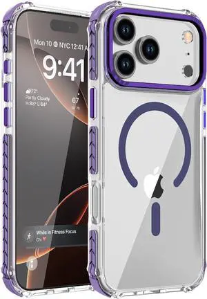 Strong Magnetic Case for iPhone 17 Pro Max 6.9-Inch [Compatible with Magsafe] Clear Slim Shockproof Protective Phone Cover for Women Men-Transparent+Purple