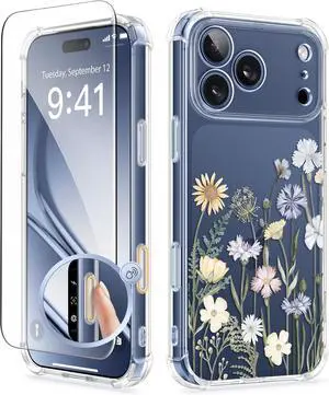 for iPhone 17 Pro Max Case [Upgraded Full Camera Protection][Not Yellowing][Screen Protector] Shockproof Protective Clear Floral Phone Case for iPhone 17 Pro Max 6.9 (Vibrant Spring)