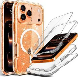 Magnetic Bling Full Protective for iPhone 17 Pro Max Case [Non Yellowing] Heavy Duty Compatible with MagSafe Crystal Clear Glitter 3 Piece Full Body Protection Rugged Shockproof for Women Girl