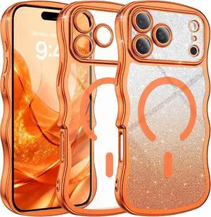 for iPhone 17 Pro Max Case Clear [Compatible with MagSafe][Full Camera Protection][Cute Wave Frame][DIY Glitter Cardstock] Electroplated Wavy Shockproof 17ProMax Phone Case Cosmic Orange