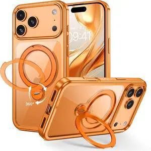 for iPhone 17 Pro Max Case with Stand 360° Magnetic Rotatable Ring Clear Back Plating Edge Invisible Ring Holder Slim Shockproof Protective Kickstand Phone Case for iPhone 17 Pro Max Orange