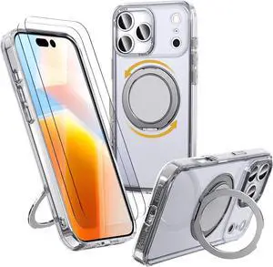 for iPhone 17 Pro Max Case with 2 Tempered Glass Film 360 Spin Magnetic Stand Compatible with Magsafe Military-Grade Drop Protection Case Clear
