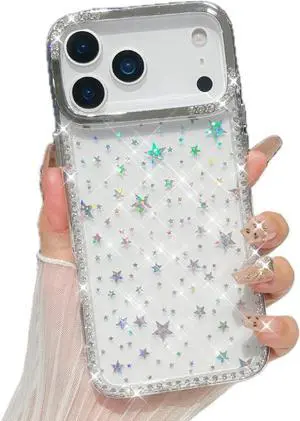 for iPhone 17 Pro Max Clear Case Cute Bling Stars Glitter Diamonds Gems Sparkle Shockproof Transparent Flexible TPU Bumper Phone Cover for Women Girls for iPhone 17 Pro Max 6.9 inch Clear