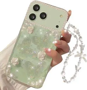 for iPhone 17 Pro Max Clear Glitter Case Cute 3D Butterfly Floral Flowers Crystal Pearl Bling Sparkle with Wrist Strap Soft TPU Aesthetic Women Girls Phone Case for iPhone 17 Pro Max Clear