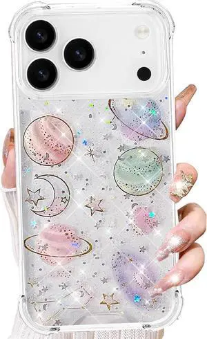 for iPhone 17 Pro Max Clear Glitter Case Cute Bling Sparkle Planet Space Stars Moon Universe Pattern Soft TPU Silicone Shockproof Women Girls Protective Case for iPhone 17 Pro Max 6.9 Clear