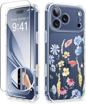for iPhone 17 Pro Max Case [Upgraded Full Camera Protection][Not Yellowing][Screen Protector] Shockproof Protective Clear Floral Phone Case for iPhone 17 Pro Max 6.9 (Aconite/Light Blue)