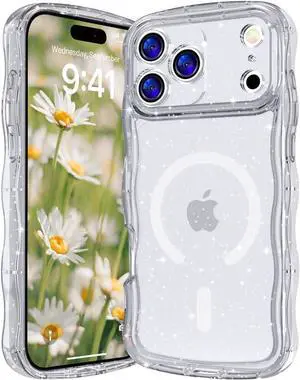 Case for iPhone 17 Pro Max Compatible with MagSafe Magnetic Clear Curly Wavy Frame Wave Case with Sparkly Bling Glitter Transparent Acrylic Hard PC for iPhone 17 Pro Max Glitter Clear