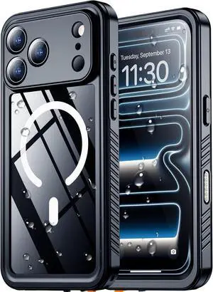 Magnetic for iPhone 17 Pro Max Case Waterproof Built-in Screen & Camera Lens Protector[IP68 Underwater] [Military Grade Shockproof] Full Body Protection Phone Case Black/Clear