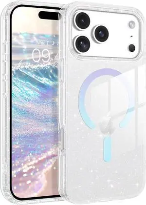 Magnetic Case for iPhone 17 Pro Max 6.9 Compatible with Magsafe Shiny Bling Glitter Cute Slim Protective Women Girl Men Phone Cover for iPhone 17 Pro Max 2025 Crystal Clear Iridescent