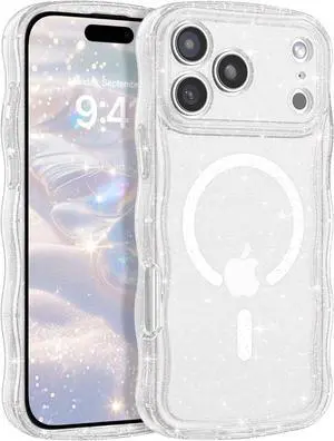 for iPhone 17 Pro Max Case Clear Magnetic Cases Cute Curly Wave Frame Glitter Sparkly Shiny Bling Sparkle Cover for Women Girls Men TPU Bumper Drop Protection Shockproof Phone Case White